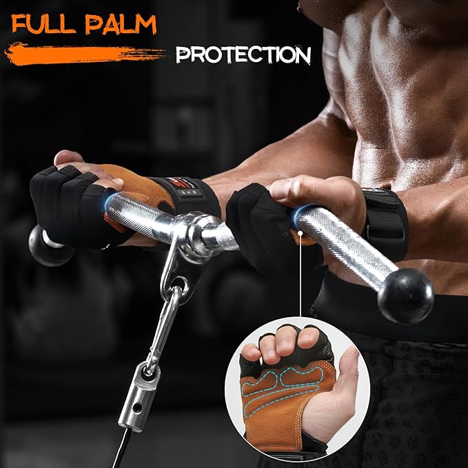 SueStar Workout Gloves, Heavy Duty Cowhide Padded Weight Lifting Gloves with Wrist Support, Full Palm Protection & Silicone Grips Gym for Weightlifting, Deadlifts, Exercise