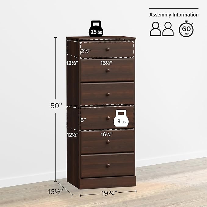 Prepac Astrid Tall Brown Dresser: 16.5"D x 19.75"W x 50"H, 6-Drawer Chest for Bedroom by Prepac - Perfect Chest of Drawers for Ample Storage