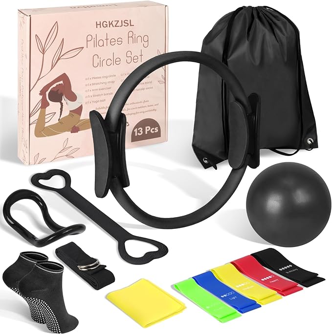 Pilates Kit for Women 13PCS, Pilates Ring and Ball Set with Magic Circle, Resistance Bands Set, Figure 8 Band, Yoga Ring & Grip Socks, Home Workout Equipment Essentials Starter Kit for Beginners