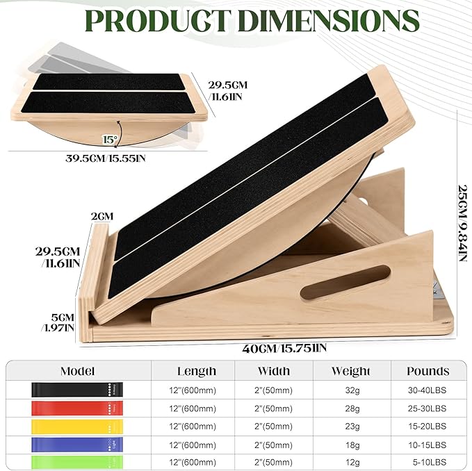 2-in-1 Wooden Slant Board & Balance Board, Adjustable Incline Calf Stretcher (15°–30°) for Plantar Fasciitis Relief & Balance Training, Portable Wood Incline Board with Resistance Bands