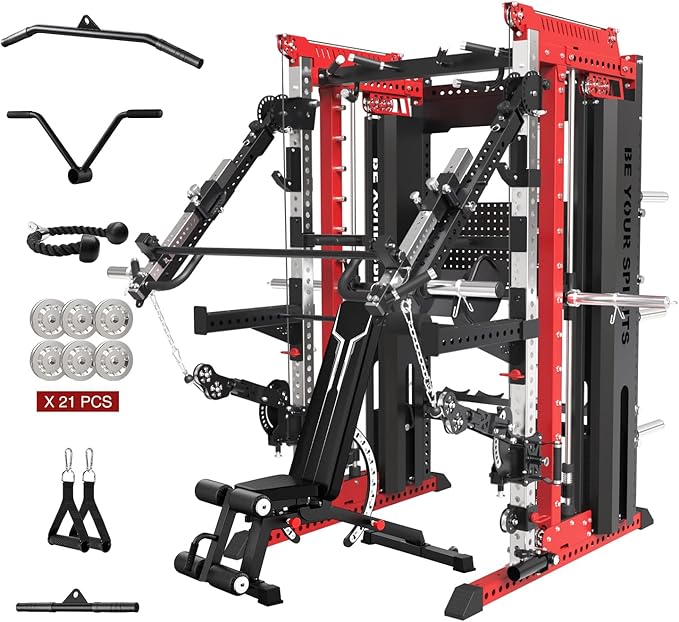 Commercial Smithe Machine with Dual Weight Stacks, Power Cage Squat Rack with Lever Arm & Leg Press Attachment, Multi-Function Linear Bearing Cable Crossover Machine for Home Gym