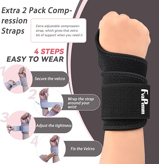 Wrist Brace for Carpal Tunnel 2 Pack Right Left Hand, Adjustable Wrist Brace for Day Night Support, Wrist Support Wraps for Women Men,Tendonitis, Arthritis, Weightlifting, Sports, Black