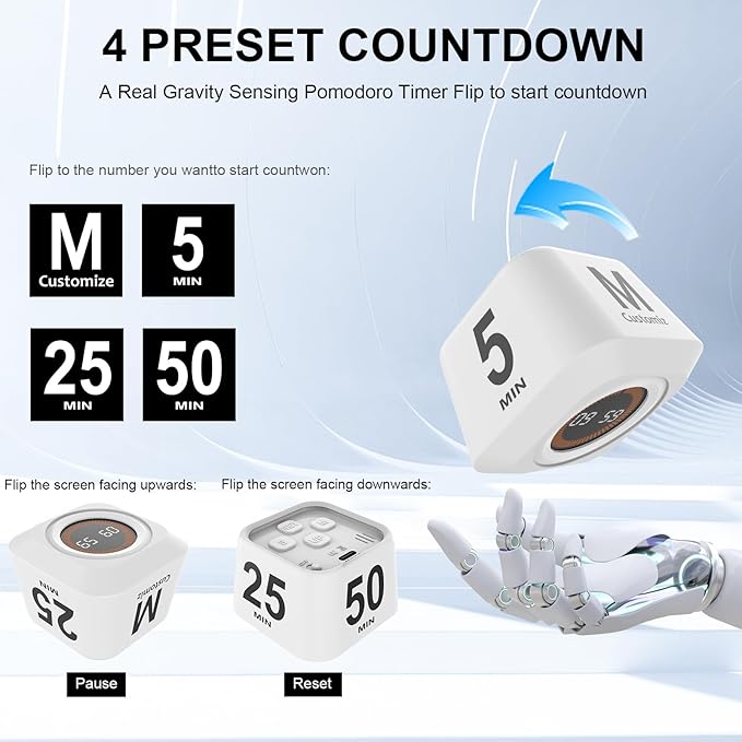 Rotating Visual Pomodoro Timer 5, 25, 10, 50 Min Custom Countdown, Rechargeable Cube Desk Productivity Flip Timer with Detachable Silicone Case, Ideal for ADHD Tool Study Work School (Green)