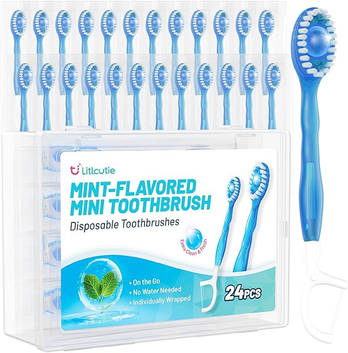 24 Pack 5 in 1 Disposable Mini Toothbrushes with Toothpaste, Floss, Pick & Tongue Scraper, Individually Wrapped, Portable Toothbrush Travel Set for Kids Adults, Mint Flavor