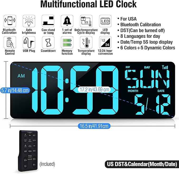 TXL 17.2" Large Digital Wall Clock Bluetooth Sync Time, LED Wall Clock with Date and Temperature, Count Up/Down Timer Clock with Remote Control, Adjustable Brightness Alarm Clock