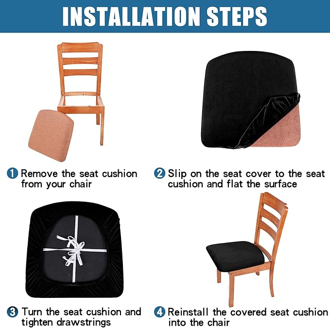 Smiry Velvet Seat Covers for Dining Room Chair Set of 6, Stretch Fit Removable Washable Chair Seat Cushion Protector Slipcovers with Ties, Mustard Yellow