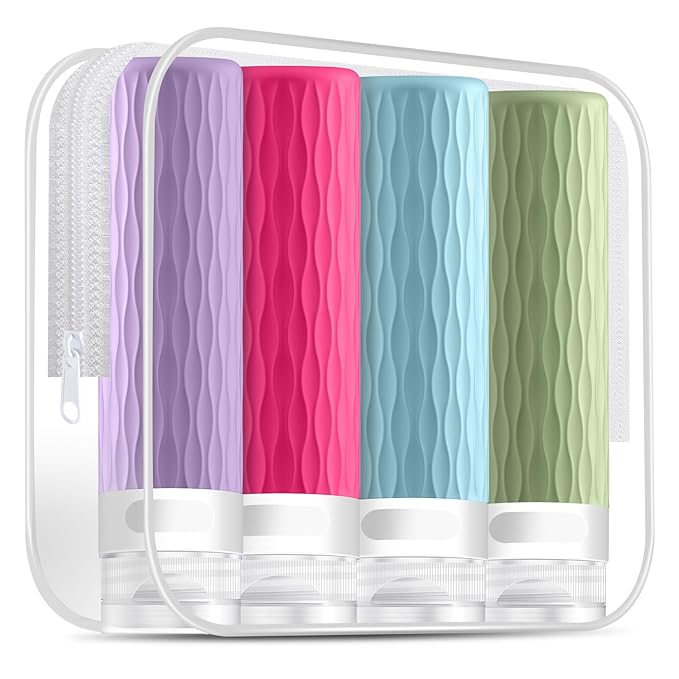 Travel Bottles for Toiletries, TSA Approved 3.4oz Travel Size Containers, BPA Free Leak Proof Silicone Traveling Bottles, Refillable Travel Essentials Kits for Shampoo Conditioner(4 Pack)-C