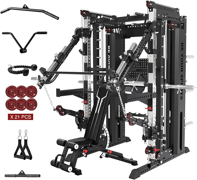 Commercial Smithe Machine with Dual Weight Stacks, Power Cage Squat Rack with Lever Arm & Leg Press Attachment, Multi-Function Linear Bearing Cable Crossover Machine for Home Gym