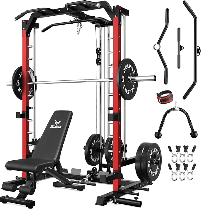 JELENS SR01 Smith Machine, 2000LBS Multi-Function Power Cage with LAT Pulldown System, All-in-One Home Gym Squat Rack with Smith Bar and Training Attachments for Full Body Workouts
