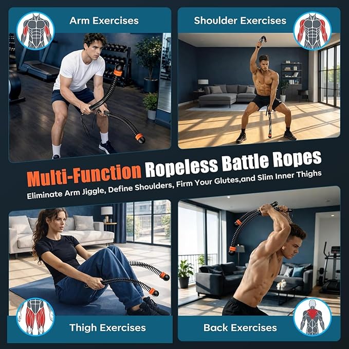 Portable Cordless Battle Ropes (Adjustable Weights) – Ropeless Weighted Exercise Equipment for Home Gym with Storage Bag | Low-Impact Workout, Strength & HIIT Training for Men & Women