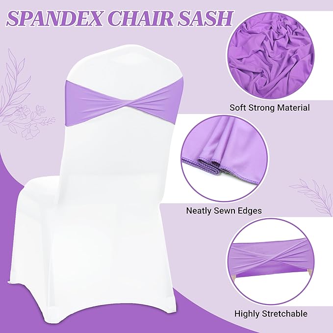 VDS Pack of 50 PCS | Lavender | Spandex Chair Sashes Bows Without Buckle | Stretch Elastic Banquet Universal Folding Chair Band Tie with for Wedding Party Conference Celebration Event Decoration