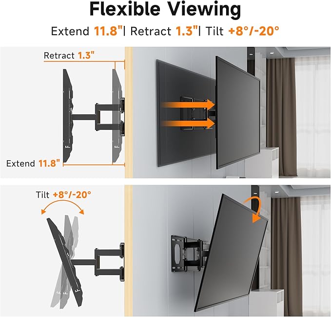 Ultra Slim Full Motion TV Wall Mount for Most 37"-90" Flat/Curved TV, Swivel Tilt Bracket with Articulating 6 Arms, Support 120lbs, Max VESA 600x400mm, Fits 12”/16" Wood Stud, MAUS02