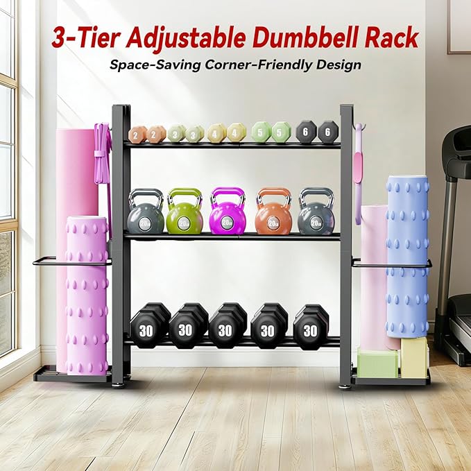 3-Tier Small Adjustable Dumbbell Rack, 450LBS Capacity Home Gym Weight Rack with Yoga Mat Holder & Hooks, Space Saving Workout Equipment Storage Organizer, Tool-free Assembly