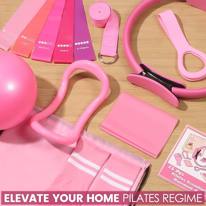 Pilates Kit for Women 13PCS, Pilates Ring and Ball Set with Magic Circle, Resistance Bands Set, Figure 8 Band, Yoga Ring & Grip Socks, Home Workout Equipment Essentials Starter Kit for Beginners