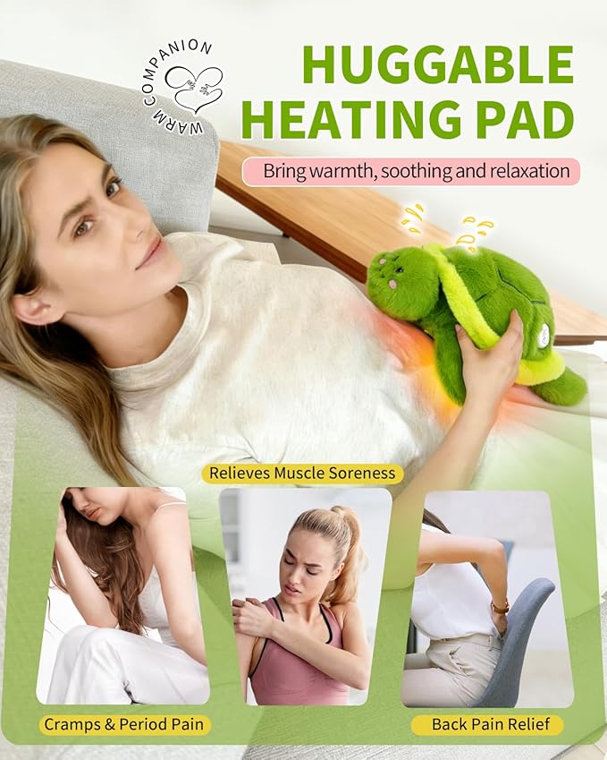 Heating Pad for Period Cramps Turtle Plush Toy Heated Stuffed Animal for Muscle Pain Portable Cordless with 10000mAh Power Bank 5 Temperature Settings with Auto Shut-Off Cute Gifts for Women Girls