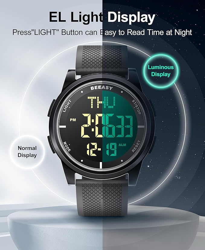Beeasy Digital Watch for Men Women, 50M Waterproof, Ultra-Thin & Lightweight, 44mm Silicone Sports Watch with Alarm, Stopwatch, Countdown, Ideal for Gym, Running, School, Daily Wear