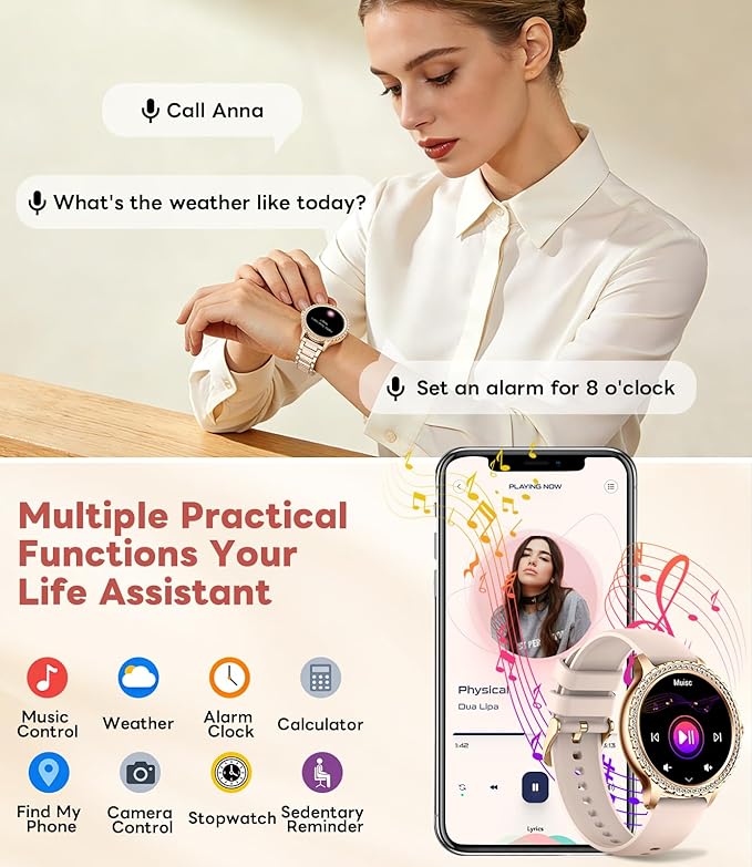 Smart Watch for Women Diamond, Bluetooth Calls, 1.32-inch HD Screen Round Fitness Tracker with Menstrual Cycle/Sleep/Heart Rate Monitor, 100+ Sports Mode, Android/iOS Phone, Rose Pink