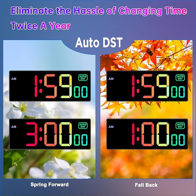 Soobest Large LED Digital Wall Clock 8 RGB Color Changing Display, Corded Plug in Electric Digital Clock with Seconds for Living Room Bedroom Desk Table Office, 5 Dimmers, Auto DST, 10 Inches