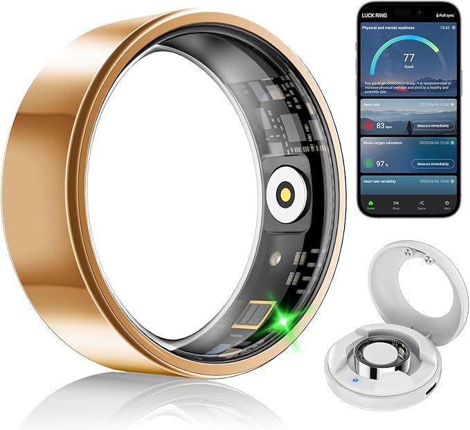 Smart Fitness and Activity Ring for Men and Women - Track Heart Rate Stress Sleep Steps and Blood Oxygen, 10ATM Waterproof Fitness Tracker for iPhone and Android, No Subscription Fee, Size 9