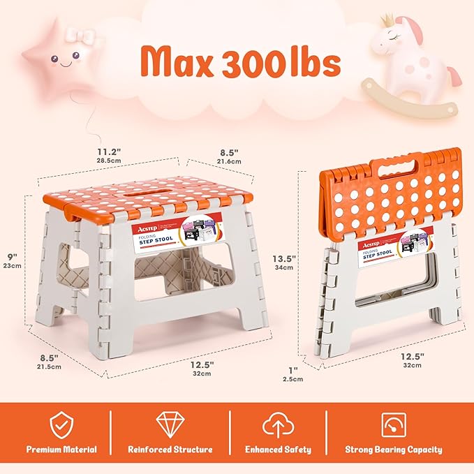 ACSTEP 9 Inch Folding Step Stool 300 LB Capacity Plastic Foldable Step Stools for Kids and Adults, Folding Stool Suitable for Kitchen, Stepping Stool with Handle Bicolor Orange Small Step Stool 1PC