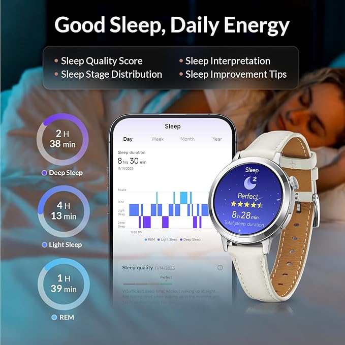 Smart Watch for Women, FANY See the Vibe 1.1'' AMOLED Ultra-clear Display with Aluminum Case & Leather Band, Fitness Tracker with Sleep/Heart Rate/SpO2/ Breathing/Step Monitor, 110+ Exercise Modes