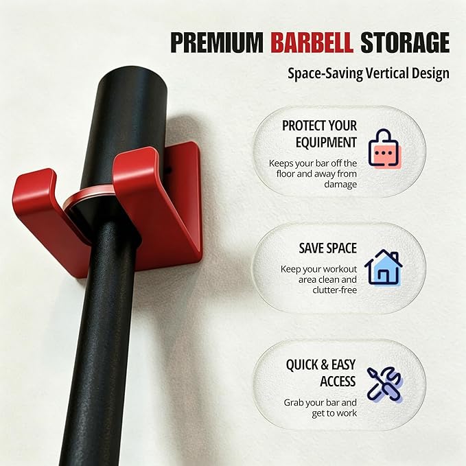 Olympic Barbell Hanger,Garage Gym Bar Wall Rack,Vertical Barbell Mount Rack,Space Saving Commercial or Home Gym Accessory,Holds Under 33mm Bar Size