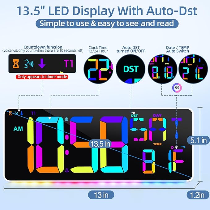 CYMHCHL Large Digital Wall Clock Large Display 11 Colors Available with Colorful Night Light Temperature Date Week DST Auto-Dimming Big LED Clock Count Up & Down Timer for Home Gym Office School