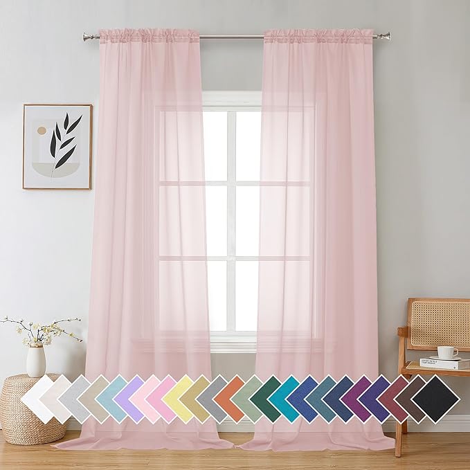Aiyufeng Blush Pink Sheer Curtains 96 Inches Long 2 Panels Set, Light Filtering Soft Airy Voile Rod Pocket Baby Pink Sheer Window Drapes for Bedroom Living Room, Each 42Wx96L Inches
