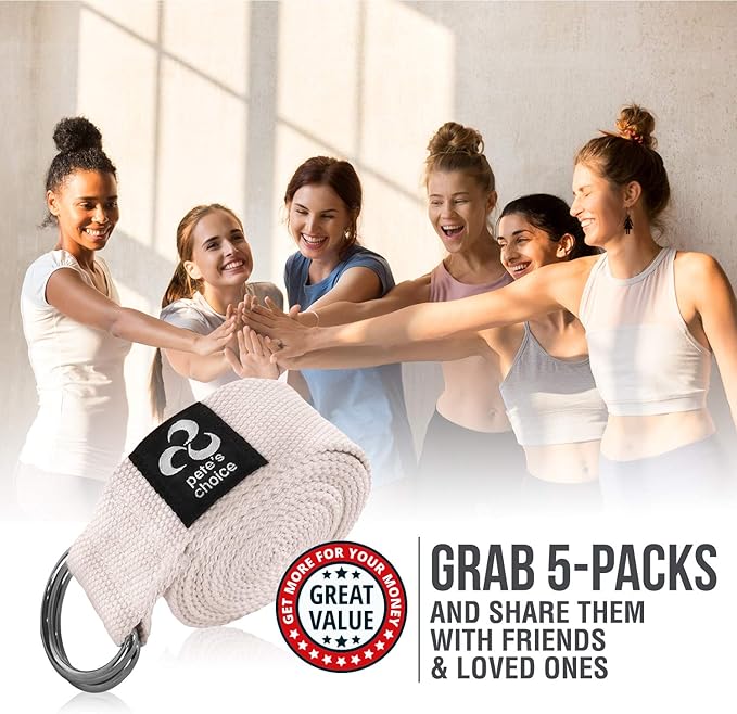 2-PACK or 5-PACK Yoga Exercise Adjustable Straps 8Ft | BONUS eBook | with Durable D-Ring For Pilates & Gym Workouts | Hold Poses, Stretch, Improve Flexibility & Maintain Balance