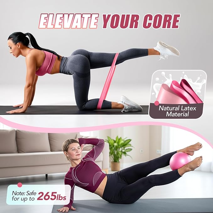 ALongSong Pilates Kit for Women, 13.7in Silicone Pilates Ring with 5 Resistance Bands, 1 Yoga Ball, 1 Yoga Block, 2 Core Sliders, Video Guide for Full Body Home Workouts