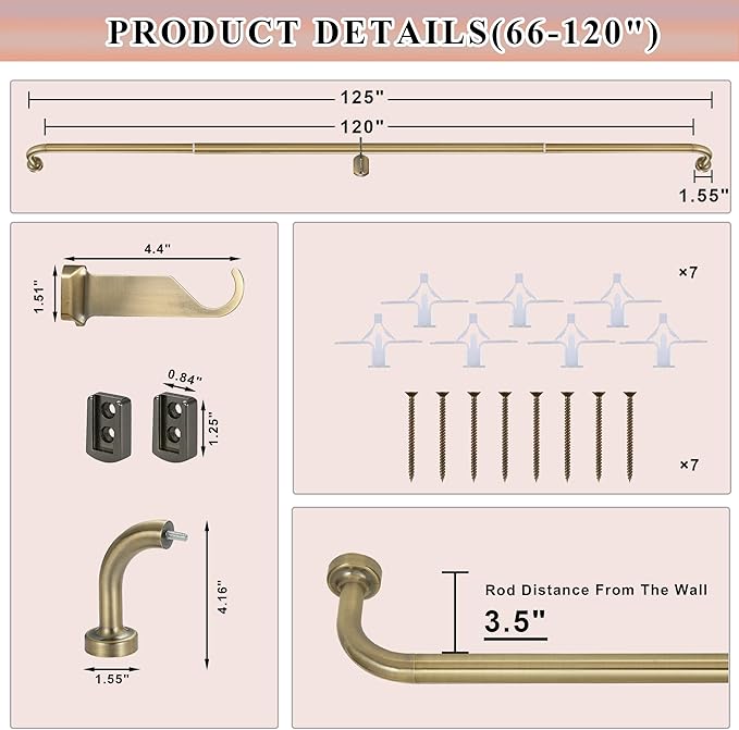 Antique Bronze Wrap Around Curtain Rod, 66-120" Adjustable, Aluminum, Wall Mounted, 1.25" Diameter, 45 lbs Weight Capacity