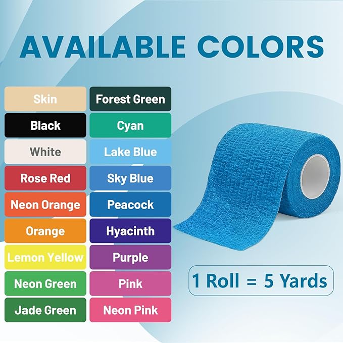 18 Pack Self Stick Bandage Wrap, Long Lasting Blue Adhesive Bandages, Flexible Breathable Self Adherent Wrap, 2 Inch Cohesive Bandage Tape, Versatile Elastic Support for Sports Wound