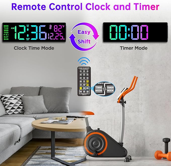 Soobest 14.2" Large Display Digital Wall Clock with Date Day of Week Temp Timer, Electric 8-in-1 Color Changing Big LED Clock for Elderly Seniors, Auto DST, Remote Control for Living Room Home Gym