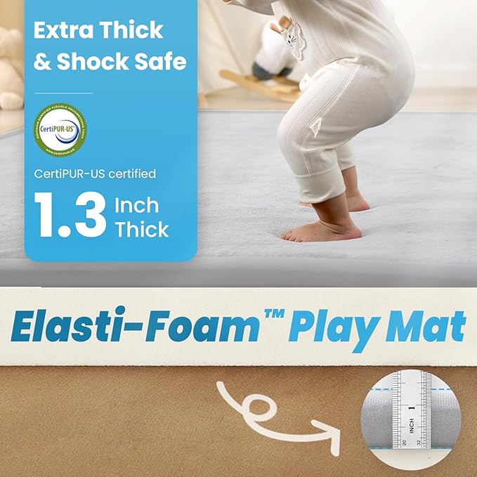 1.3" Thick Baby Play Mat for Floor, 28x72 Foam Tummy Time Mat, Padded Support Soft Plush Bedside Rugs for Infant Kids Toddler Crawling Kick Activity (Light Grey)