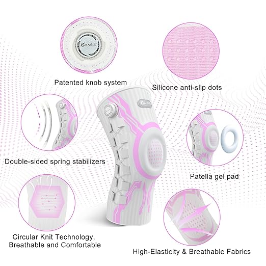 Kuangmi Knob Knee Brace for Pain Relief, Knee Support with Patella Gel Pad & Side Stabilizers, Compression Knee Sleeve for Workout, Arthritis, Joint Pain, Meniscus Tear (Pink White,Right,Medium,Single)