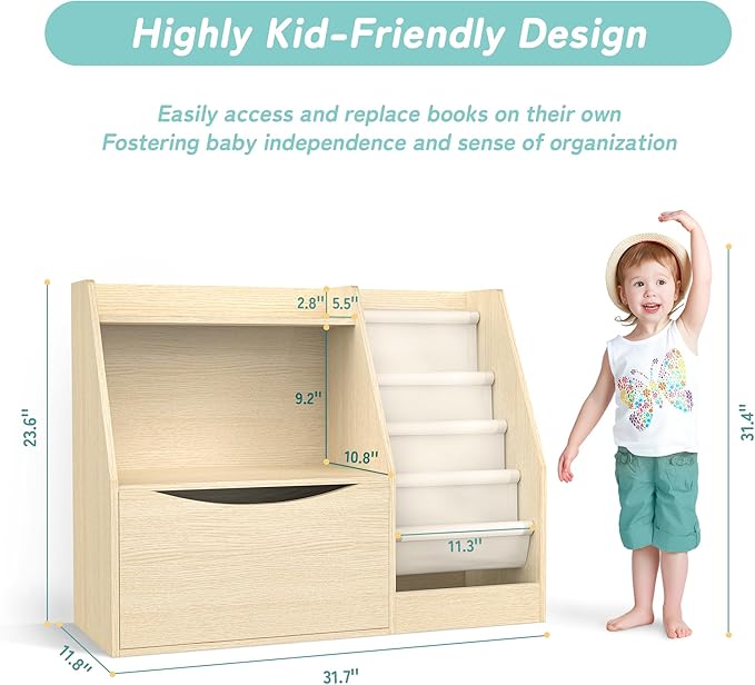 TOETOL 2 Tier Kids Bookshelf and Book Storage，4 Sling Toddler Bookshelf, Storage Boxes Book Shelf & Organizer for Nursery Playroom Classroom Library Bedroom Natural Wood