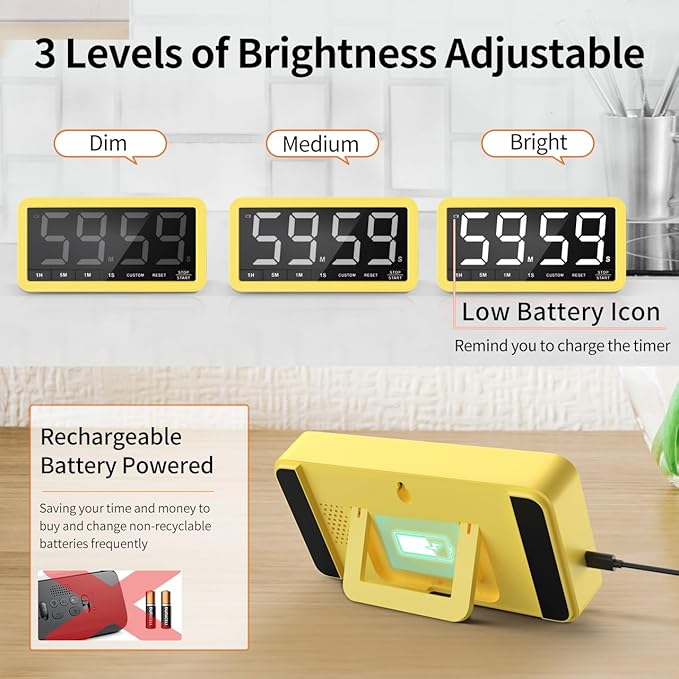 VOCOO Digital Kitchen Timer with 7.8” Extra Large Display, Magnetic, 3 Brightness, 4 Alarms and 3 Volume Levels, Battery Countdown Count Up Timer for Cooking, Classroom, Home Gym (Yellow)
