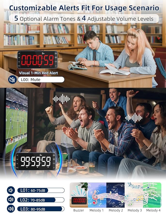 7.8" Digital Kitchen Timer with Large LED Display, Magnetic Rechargeable Countdown Timer, 5 Alarms & 4 Volume Levels, 99H Count Up/Down Timer for Cooking, Classroom & Study