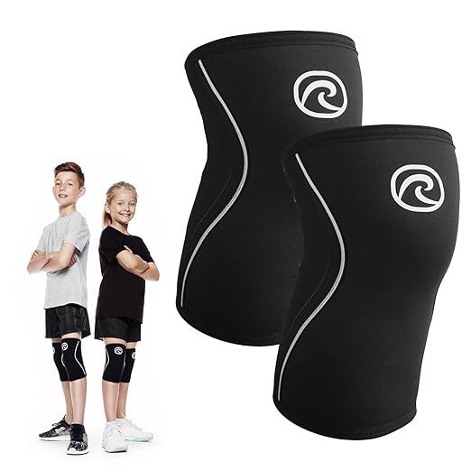 Rehband Kids Knee Sleeve made from 5mm Noprene, Knee Brace - Youth Girls & Boys Compression Knee Brace for Sports: Football, Hockey, Basketball or Running, Colour:Black - 1 Pair, Size:Large