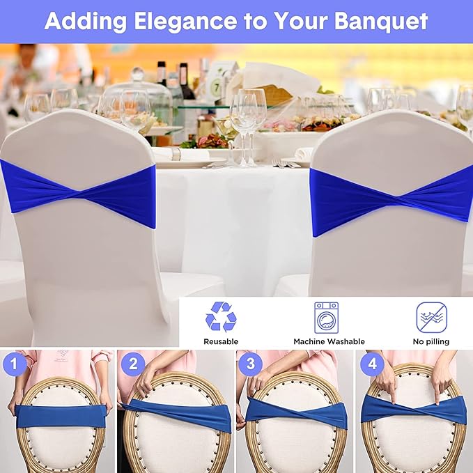 VDS Pack of 150 PCS | Royal Blue | Spandex Chair Sashes Bows Without Buckle | Stretch Elastic Banquet Universal Folding Chair Band Tie with for Wedding Party Conference Celebration Event Decoration