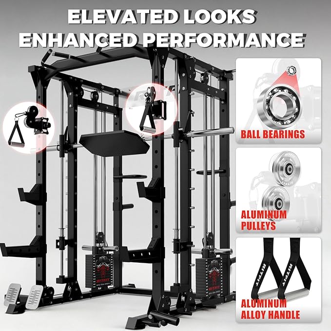 RitFit Buffalo Smith Machine Package, All-in-One Power Cage with Weight Stack , Power Rack with Cable Crossover & Leg Press Attachment for Home Gym