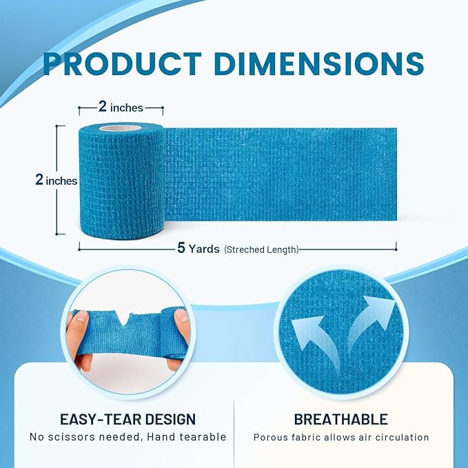 18 Pack Self Stick Bandage Wrap, Long Lasting Blue Adhesive Bandages, Flexible Breathable Self Adherent Wrap, 2 Inch Cohesive Bandage Tape, Versatile Elastic Support for Sports Wound