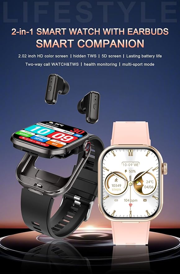Smart Watch with Earbuds, 2.02" HD Screen，2 in 1 Smart Watches for Women, Waterproof Fitness Tracker Watch with Wireless Earphone Compatible for Android iOS with Sports Monitor Sleep/Black