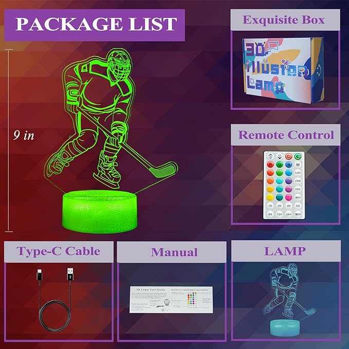Hockey Night Light, Ice Hockey Gifts, Hockey 3D Lamp with Remote Control, 16 Colors Changing, RGB Flashing Mode, Timer and Dimmable for Birthday Xmas Cool Figurines Gifts for Room Decor Boys Girls