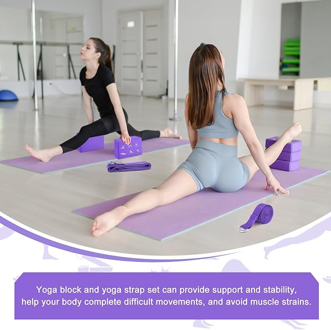 RETON 2 Pack Yoga Blocks and 2 Yoga Straps Set, Soft Non-Slip Yoga Block for Pilates, High Density EVA Foam Yoga Brick with Yoga Strap for General Fitness, Stretching, Improve Strength and Flexibility