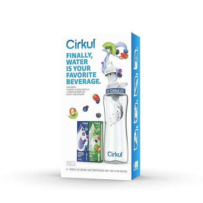 Cirkul 32oz. BPA-Free Plastic Water Bottle Starter Kit with Navy Lid, 2 Flavor Cartridges (1 LifeSip Blueberry Grape, 1 GoSip Kiwi Berry) No Sugar, Zero Calorie Drink Mix
