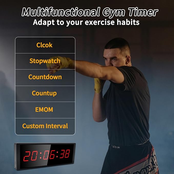 Gym Timer Clock with Start/Stop Button,12/24H Digital Wall Clock with Remote Control, Countup, Countdown, Stopwatch, Workout Timer for Home Gym Garage