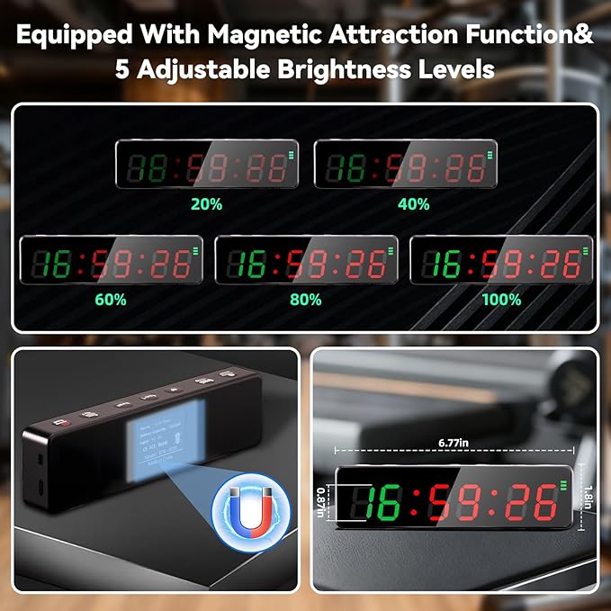 Gym Timer Clock,Magnetic Workout Interval Timer with LED Display,Clock/Countdown/Count up/Stopwatch/Tabata/FGB/HIT Mode,10 Second Countdown &3 Second Emphasis When Start, Home Gym, Garage & Schools