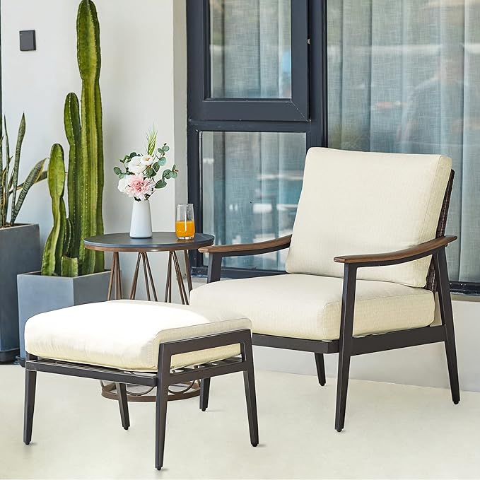 NATURAL EXPRESSIONS Patio Sofa Outdoor Furniture Metal Chair with Wicker Backrest & 6 Inches Cushion for Front, Porch, Deck, Balcony, Backyard, Sunroom, 51.5"(L) x 29.75"(W) x 33.86"(H).