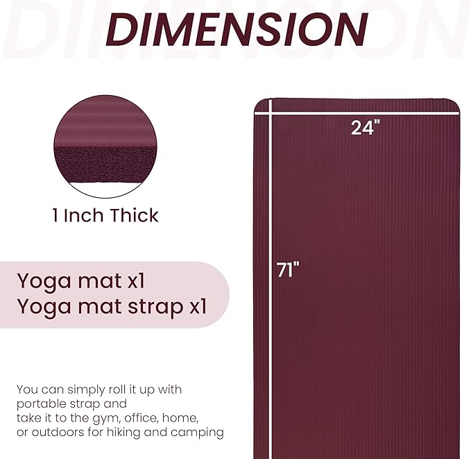 Signature Fitness 71x24 Inches Extra Thick Yoga Mat 1-Inch High-Density Foam – Roll-Up Exercise Pad with Double-Sided Non-Slip Surface and Carrying Strap for Pilates and Home Workouts, Multiple Colors